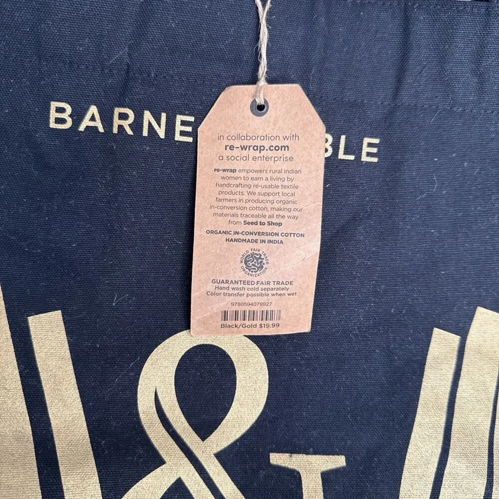 Barnes & Noble Black & Gold Tote Bag Organic Cotton Reusable NEW 15